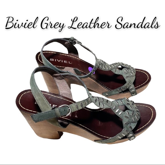 Biviel Gray Leather Studded Sandals, Clog Style With Wood Heels - Picture 1 of 14